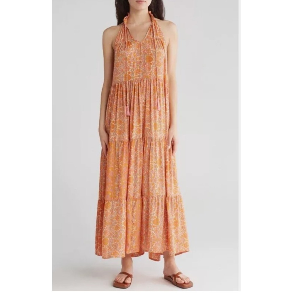 Raga Shalina Ruffle Tassel Tie Collar Satin Maxi Dress Orange Pink Sz Med NWT